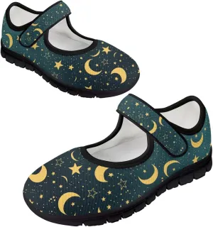 Howilath Universe Galaxy Print Women's Ballet Flats Round Toe Mary Janes Dress Shoes Single Buckle Flats Shoes