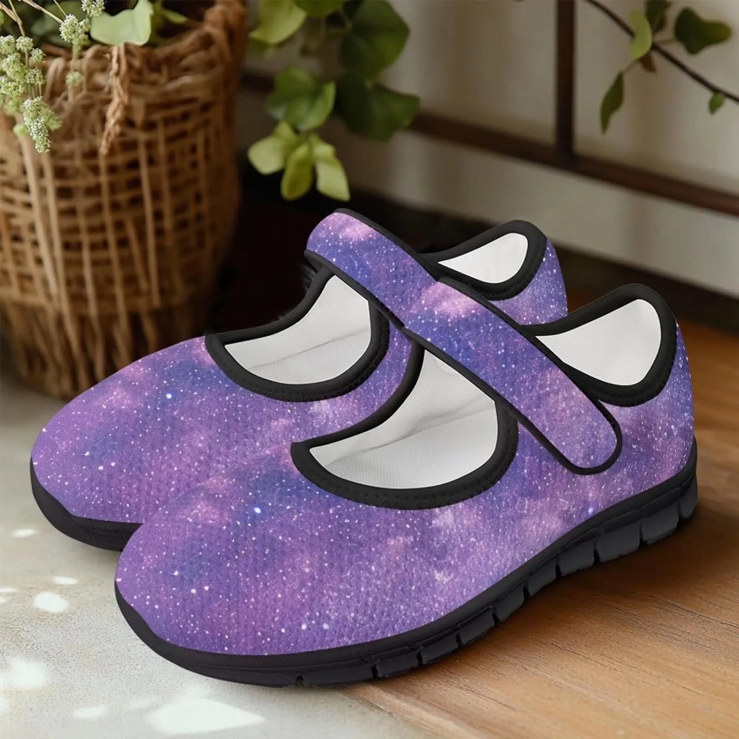 Howilath Universe Galaxy Print Women's Ballet Flats Round Toe Mary Janes Dress Shoes Single Buckle Flats Shoes