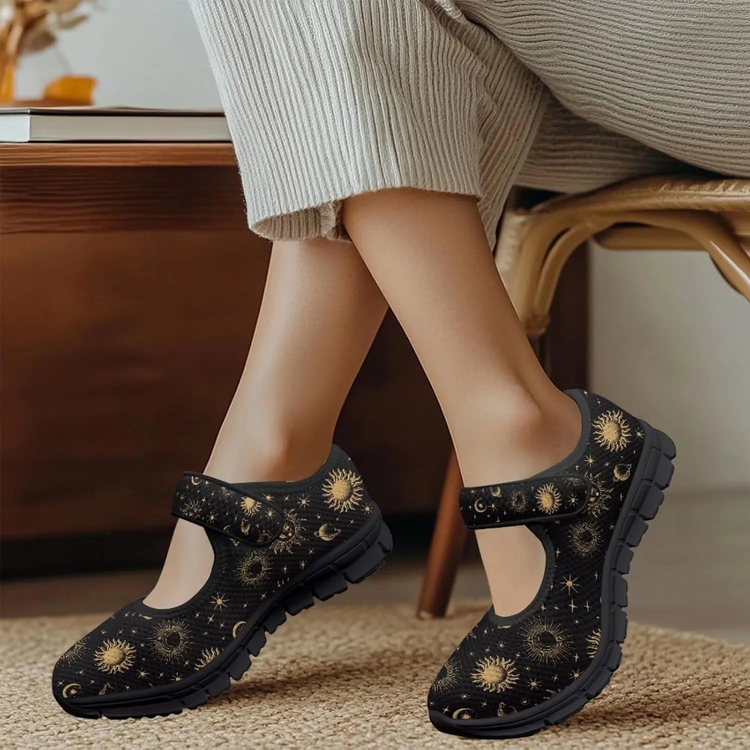 Howilath Universe Galaxy Print Women's Ballet Flats Round Toe Mary Janes Dress Shoes Single Buckle Flats Shoes