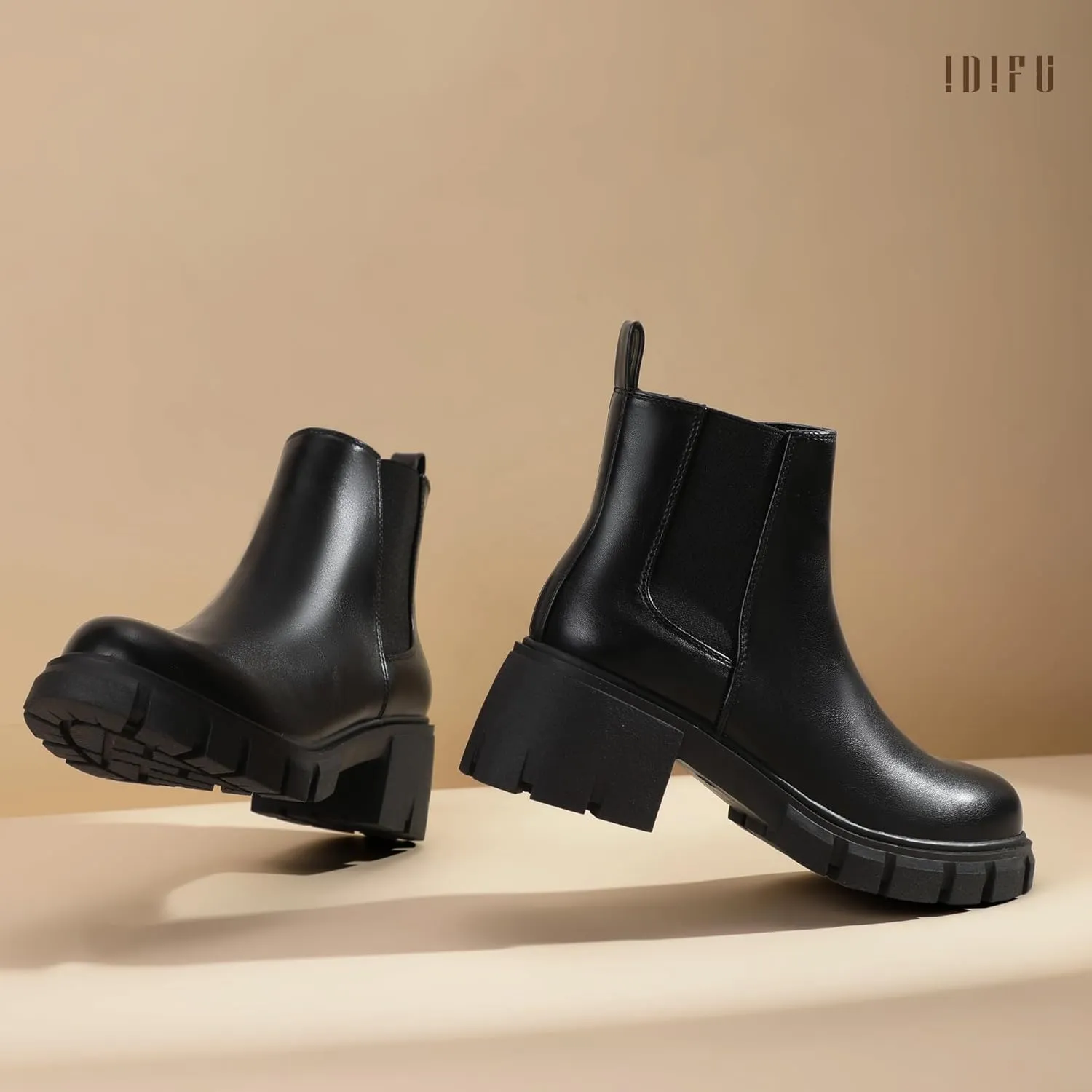 IDIFU IN2 Chelsea Ankle Boots for Women Low Block Chunky Women's Boots Round Toe Short Heeled Ankle Booties Fashion Cute Comfort Trendy Dress Booties Fall Lady Slip On Lug Sole Boots