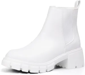 IDIFU IN2 Chelsea Ankle Boots for Women Low Block Chunky Women's Boots Round Toe Short Heeled Ankle Booties Fashion Cute Comfort Trendy Dress Booties Fall Lady Slip On Lug Sole Boots