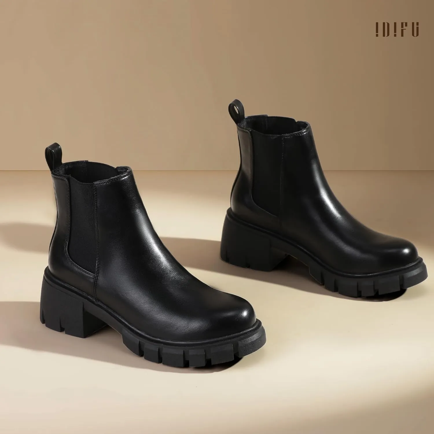 IDIFU IN2 Chelsea Ankle Boots for Women Low Block Chunky Women's Boots Round Toe Short Heeled Ankle Booties Fashion Cute Comfort Trendy Dress Booties Fall Lady Slip On Lug Sole Boots