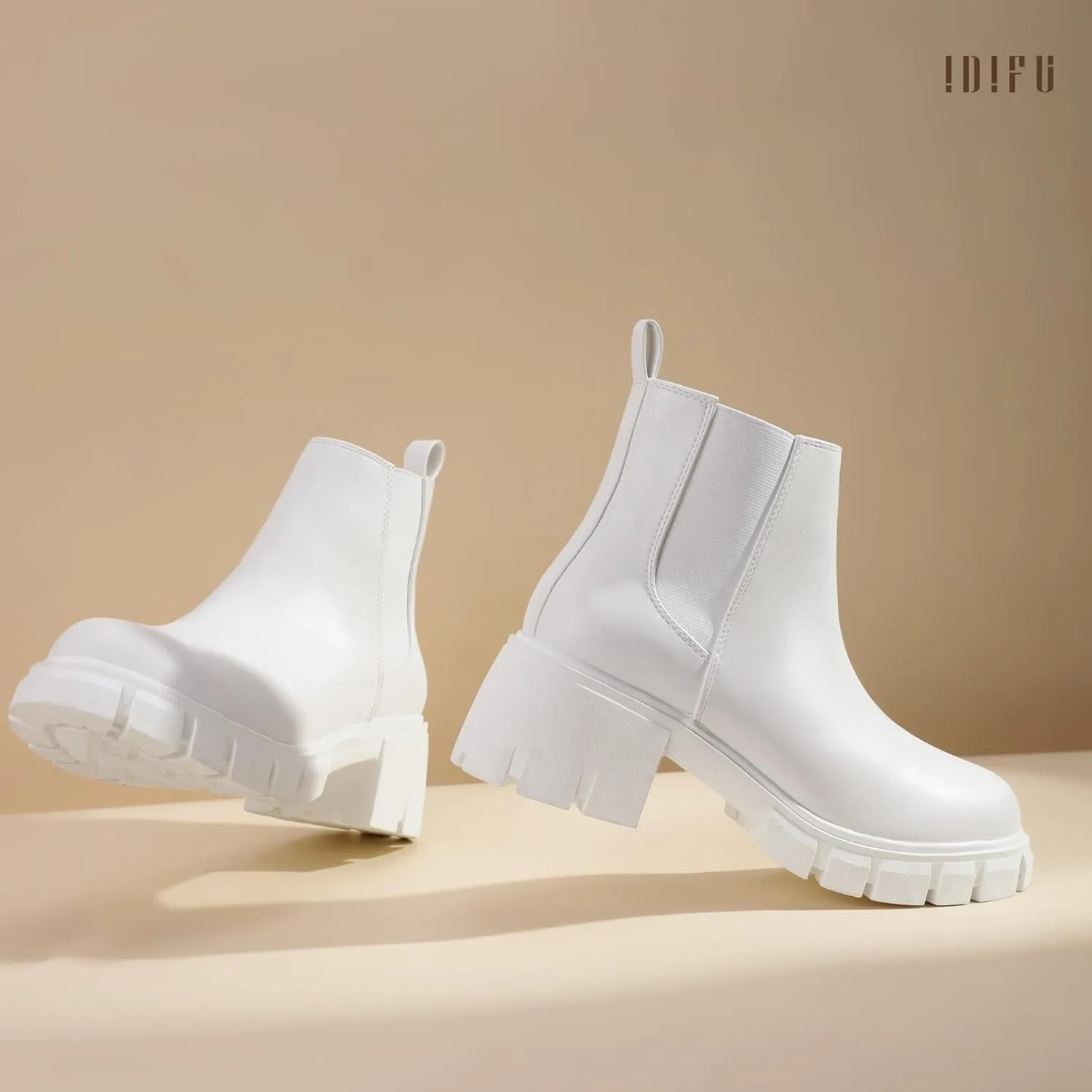 IDIFU IN2 Chelsea Ankle Boots for Women Low Block Chunky Women's Boots Round Toe Short Heeled Ankle Booties Fashion Cute Comfort Trendy Dress Booties Fall Lady Slip On Lug Sole Boots