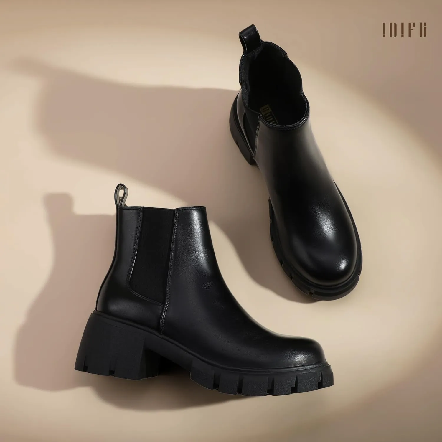 IDIFU IN2 Chelsea Ankle Boots for Women Low Block Chunky Women's Boots Round Toe Short Heeled Ankle Booties Fashion Cute Comfort Trendy Dress Booties Fall Lady Slip On Lug Sole Boots