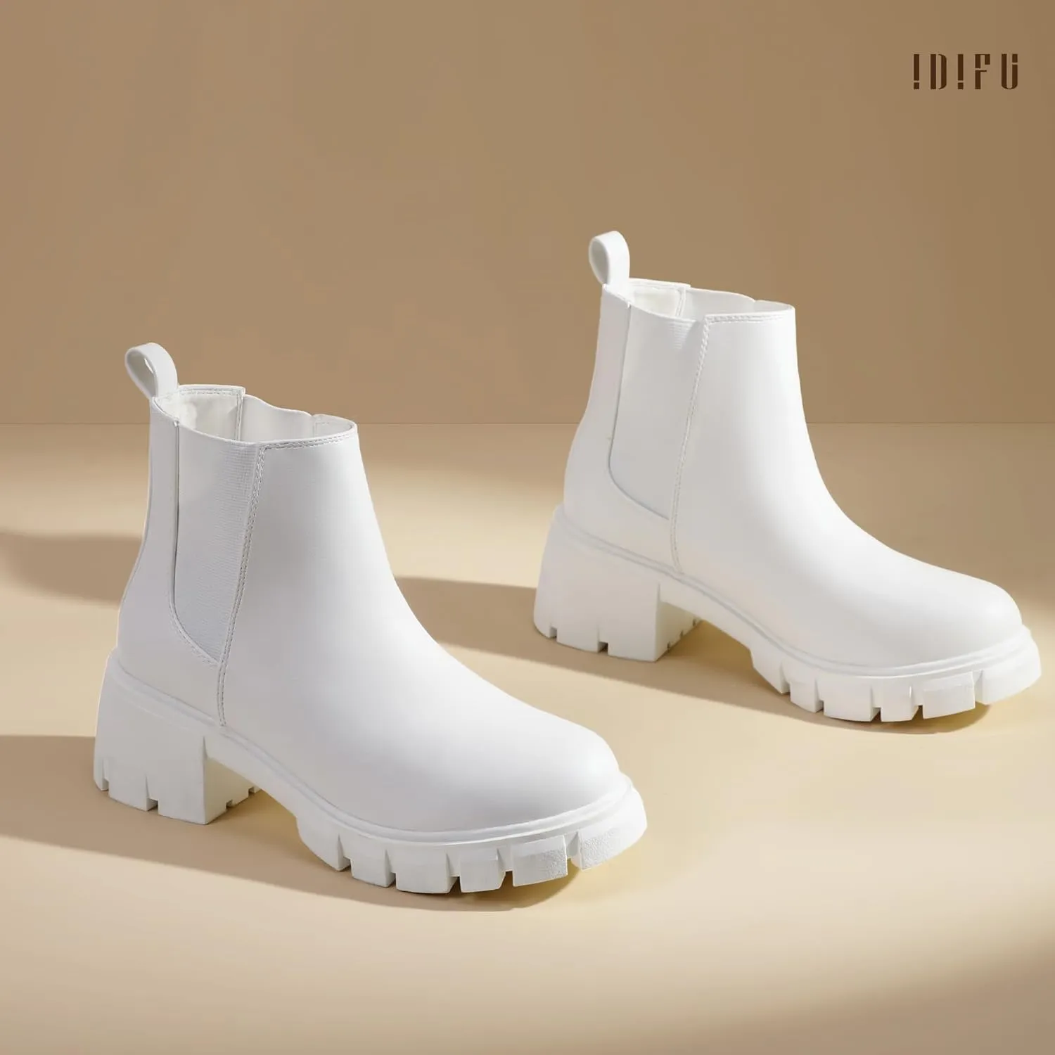 IDIFU IN2 Chelsea Ankle Boots for Women Low Block Chunky Women's Boots Round Toe Short Heeled Ankle Booties Fashion Cute Comfort Trendy Dress Booties Fall Lady Slip On Lug Sole Boots
