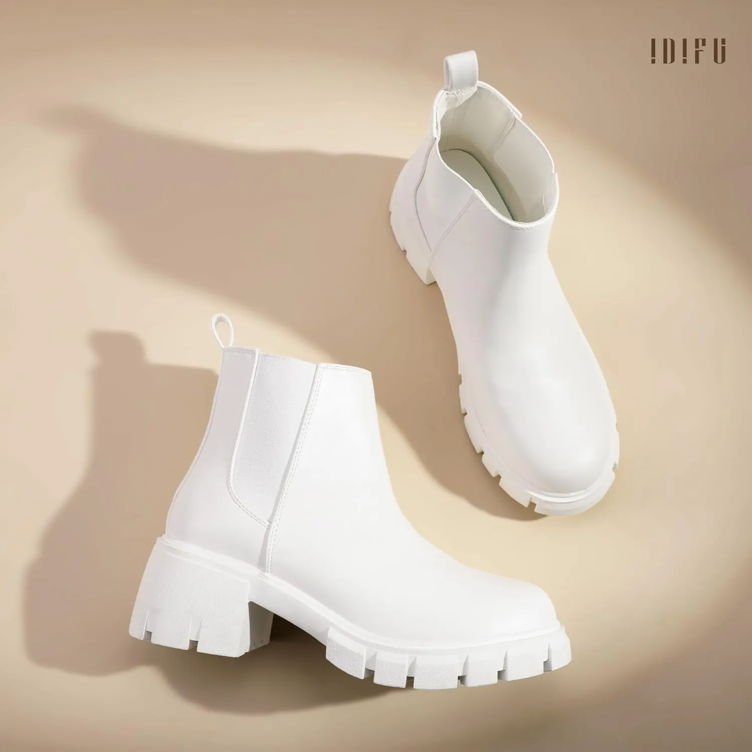 IDIFU IN2 Chelsea Ankle Boots for Women Low Block Chunky Women's Boots Round Toe Short Heeled Ankle Booties Fashion Cute Comfort Trendy Dress Booties Fall Lady Slip On Lug Sole Boots