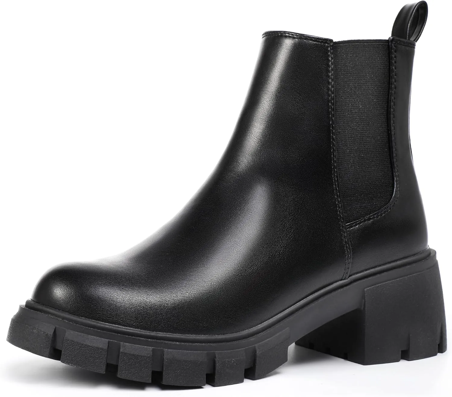 IDIFU IN2 Chelsea Ankle Boots for Women Low Block Chunky Women's Boots Round Toe Short Heeled Ankle Booties Fashion Cute Comfort Trendy Dress Booties Fall Lady Slip On Lug Sole Boots