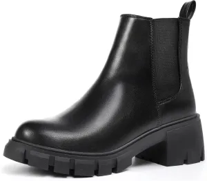 IDIFU IN2 Chelsea Ankle Boots for Women Low Block Chunky Women's Boots Round Toe Short Heeled Ankle Booties Fashion Cute Comfort Trendy Dress Booties Fall Lady Slip On Lug Sole Boots
