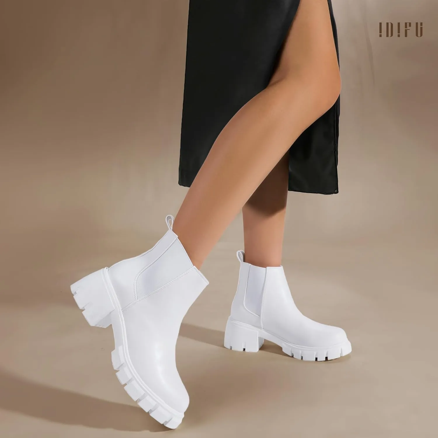 IDIFU IN2 Chelsea Ankle Boots for Women Low Block Chunky Women's Boots Round Toe Short Heeled Ankle Booties Fashion Cute Comfort Trendy Dress Booties Fall Lady Slip On Lug Sole Boots