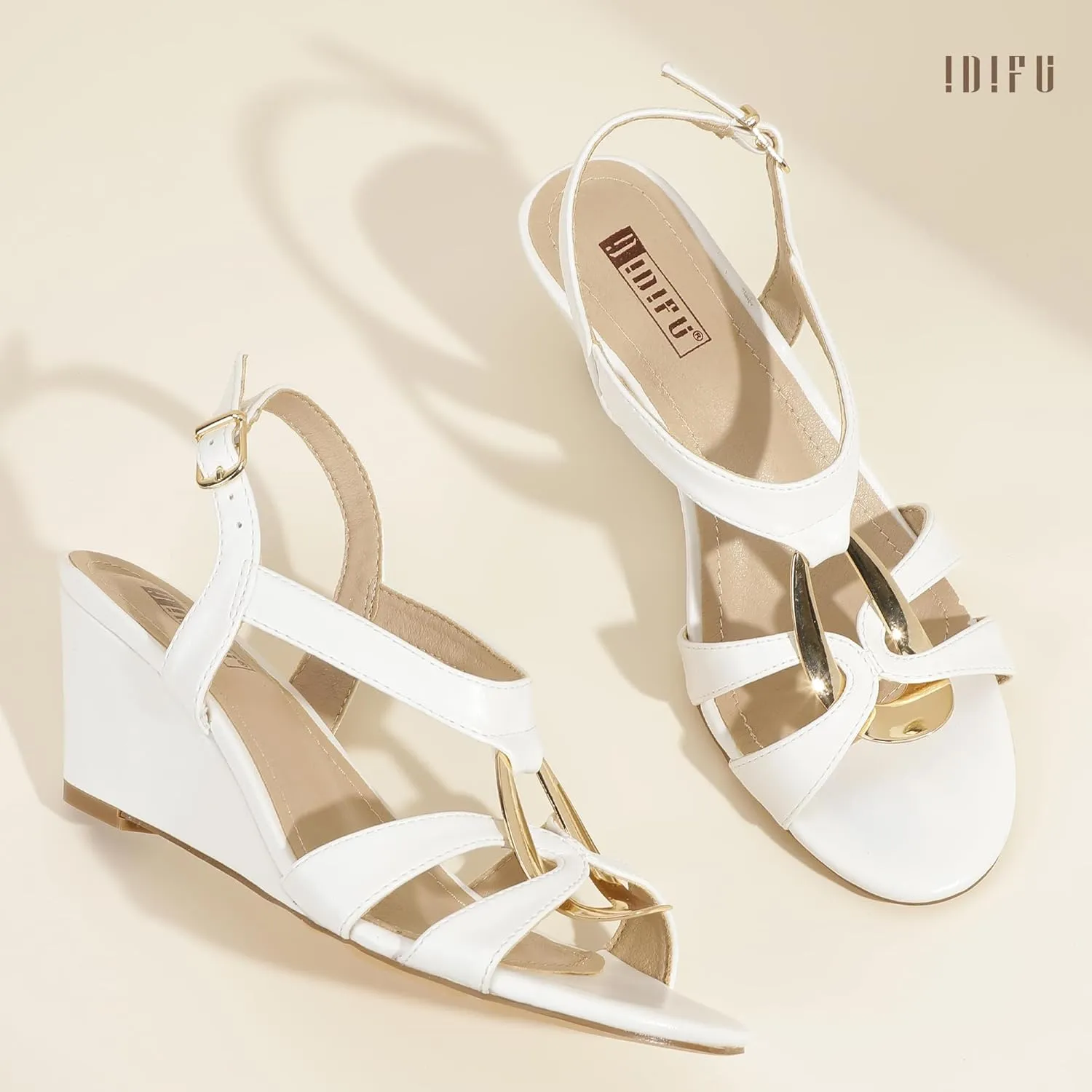 IDIFU IN2 Wedge Sandals Rhinestone Sparkly Strappy Wedge Heels with Mental Ring Comfortable Dressy Wedding Bridal Bride Party Dress Shoes for Women Low Heel Fashion Cute Bling Dress Sandals
