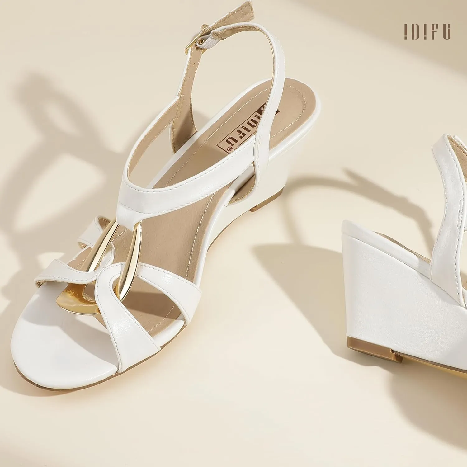 IDIFU IN2 Wedge Sandals Rhinestone Sparkly Strappy Wedge Heels with Mental Ring Comfortable Dressy Wedding Bridal Bride Party Dress Shoes for Women Low Heel Fashion Cute Bling Dress Sandals
