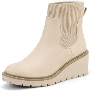 IDIFU IN3 Platform Chelsea Boots for Women Low Short Wedges Ankle Boots Lug Sole Trendy Fashion Comfortable Fall Dress Booties Slip On Elastic Casual Work Daily Round Toe Ladies Boots