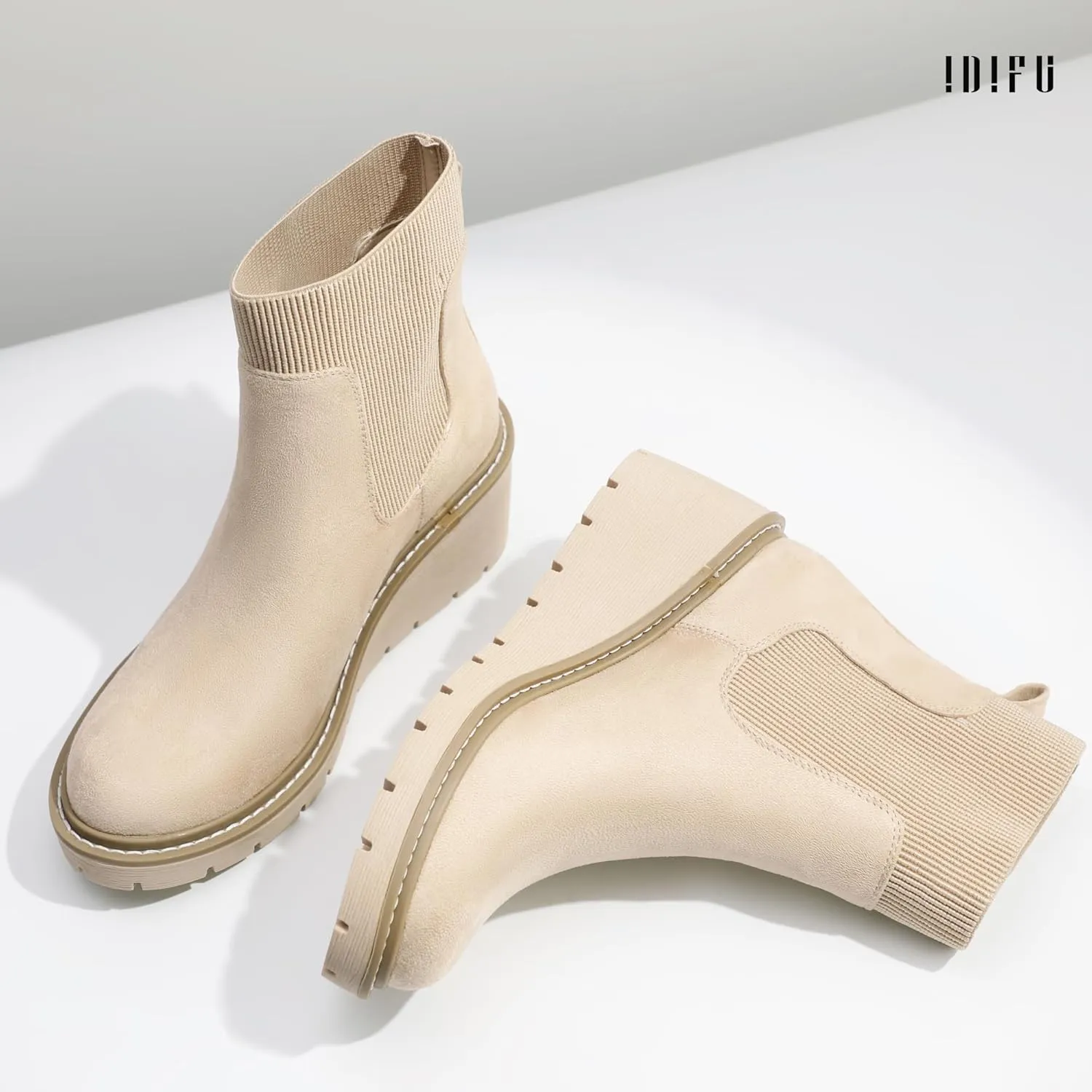 IDIFU IN3 Platform Chelsea Boots for Women Low Short Wedges Ankle Boots Lug Sole Trendy Fashion Comfortable Fall Dress Booties Slip On Elastic Casual Work Daily Round Toe Ladies Boots