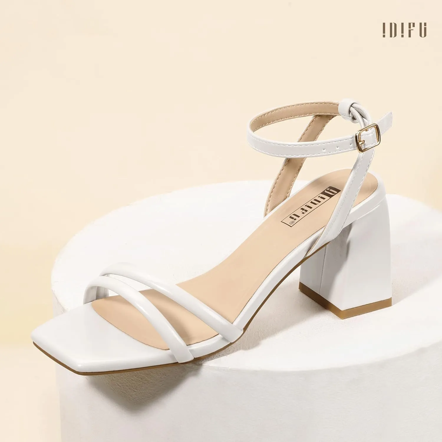 IDIFU IN3 Women's Strappy Heels Chunky Block Square Open Toe Adjustable Ankle Strap Heeled Sandals Slingback Thick Low Wedding Prom Bridal Dress Shoes for Women Short Small Heels