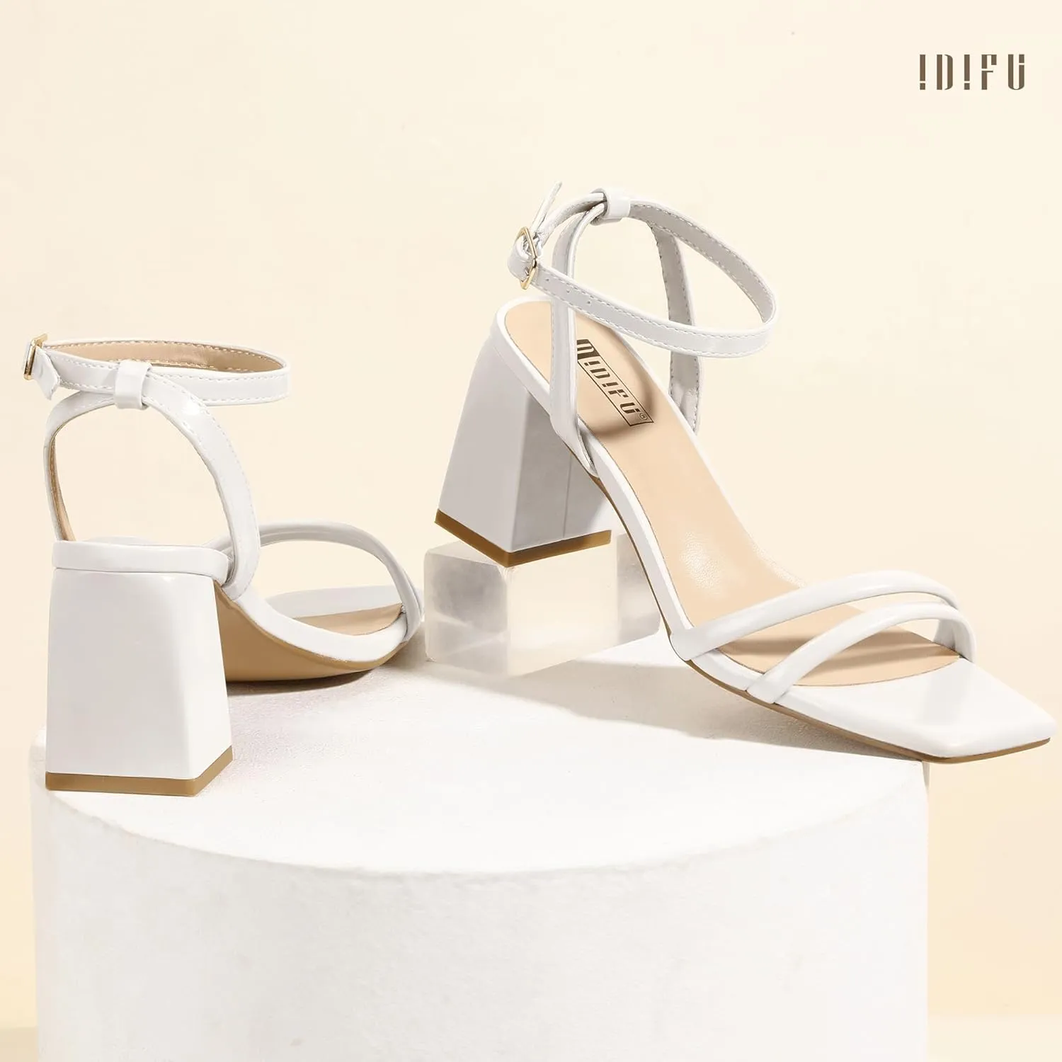 IDIFU IN3 Women's Strappy Heels Chunky Block Square Open Toe Adjustable Ankle Strap Heeled Sandals Slingback Thick Low Wedding Prom Bridal Dress Shoes for Women Short Small Heels