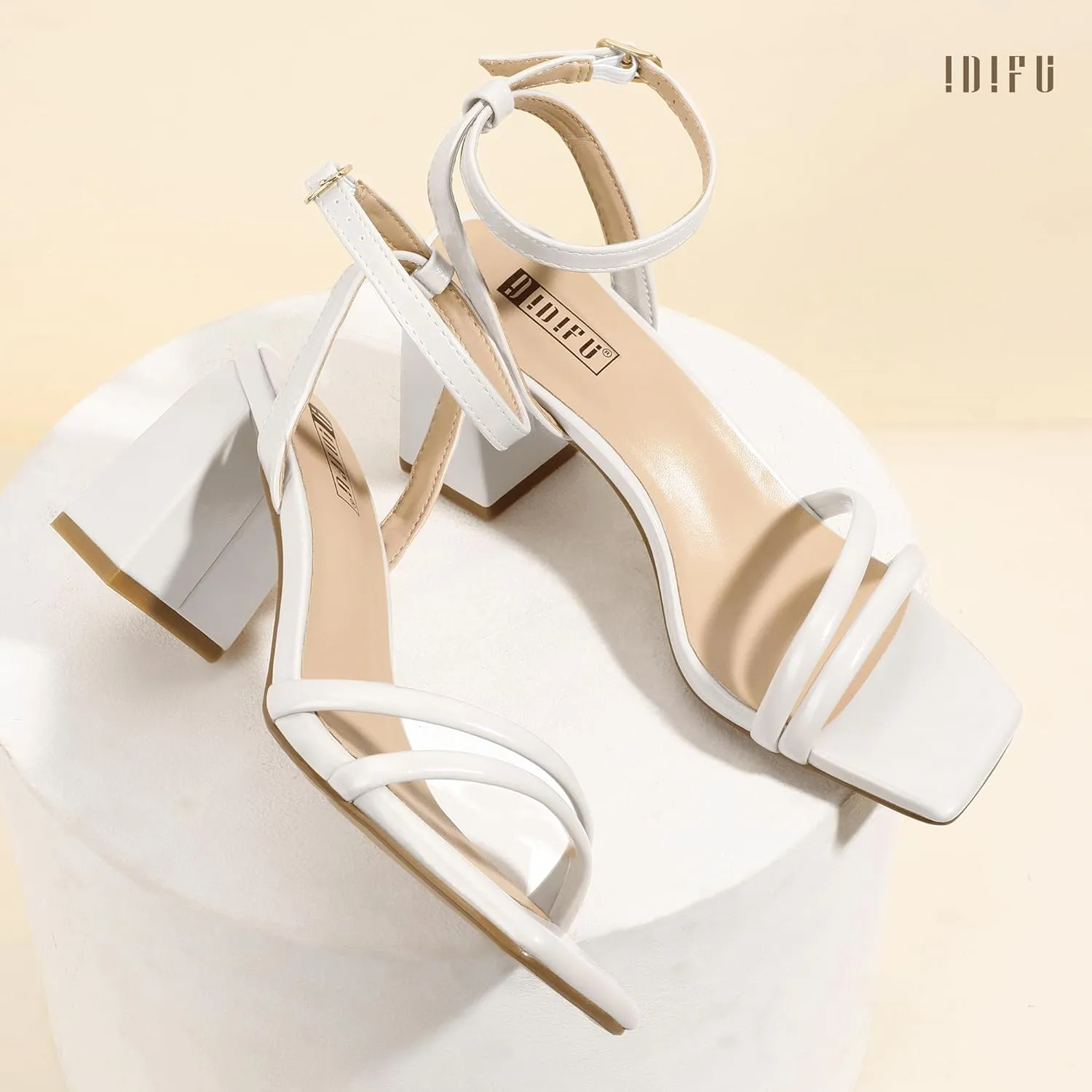 IDIFU IN3 Women's Strappy Heels Chunky Block Square Open Toe Adjustable Ankle Strap Heeled Sandals Slingback Thick Low Wedding Prom Bridal Dress Shoes for Women Short Small Heels