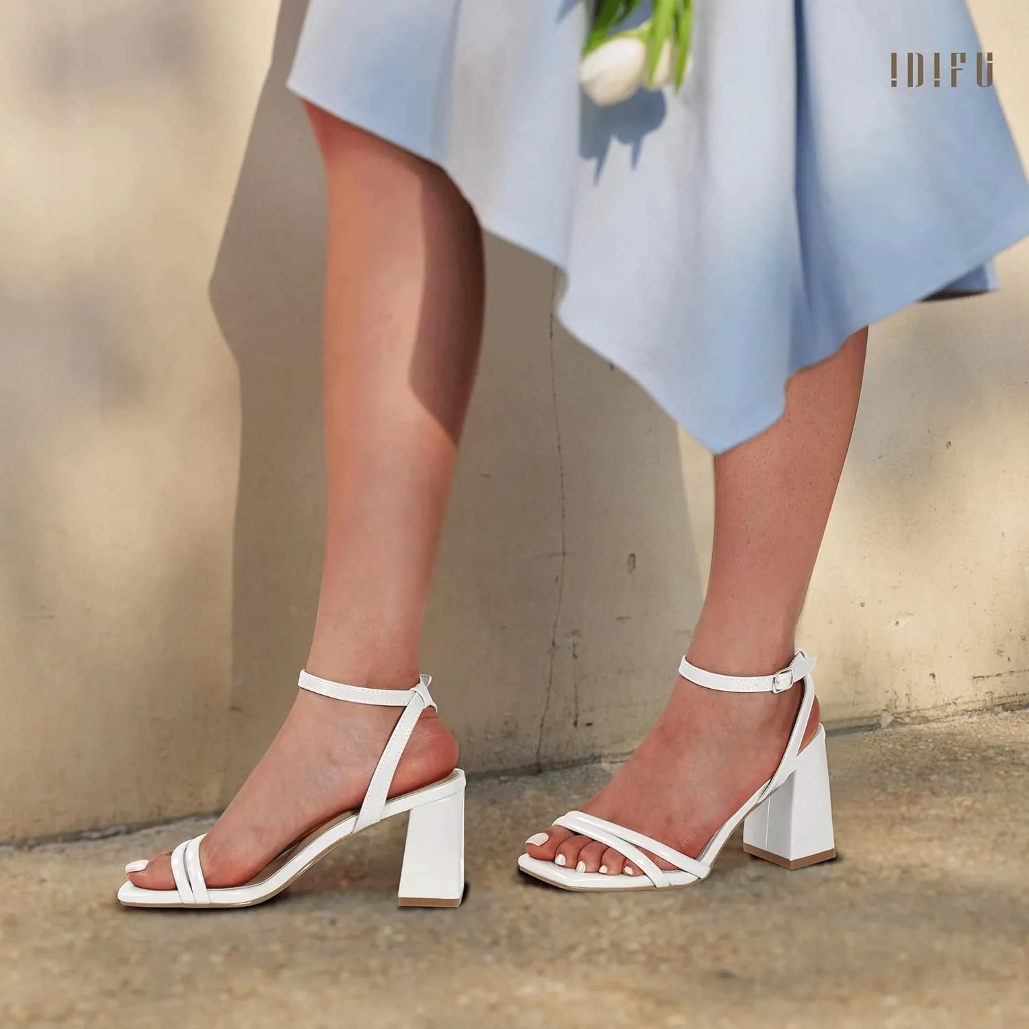 IDIFU IN3 Women's Strappy Heels Chunky Block Square Open Toe Adjustable Ankle Strap Heeled Sandals Slingback Thick Low Wedding Prom Bridal Dress Shoes for Women Short Small Heels