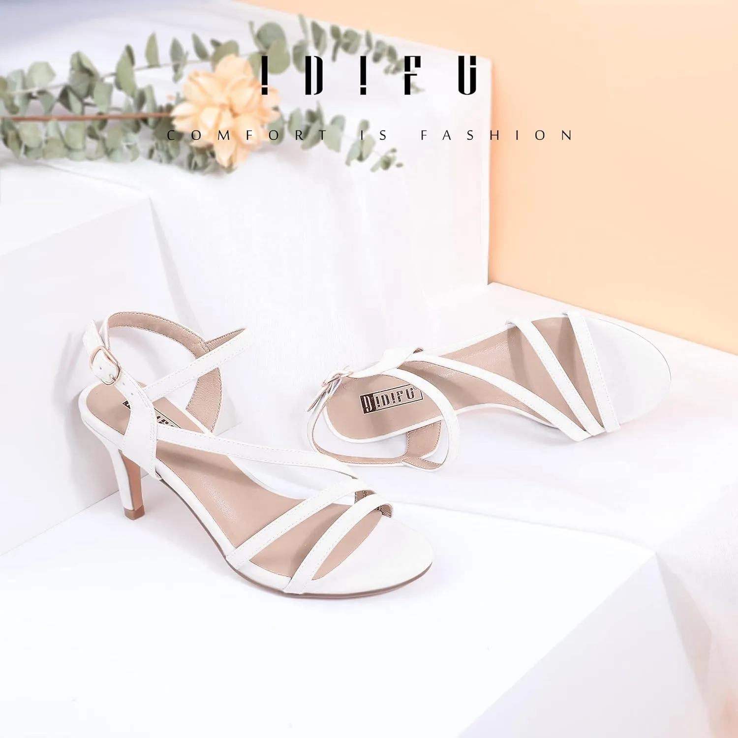 IDIFU Women's Black Nude White Silver Heels for Women Dress Kitten Heels Strappy Open Toe Heels Sandals Wedding Evening Party Shoes for Women Ladies Bridal