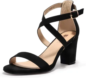 IDIFU Women's IN3 Grace Strappy Block Heels Sandals Comfy Open Toe Chunky Dress Wedding Shoes with Adjustable Cross Strap