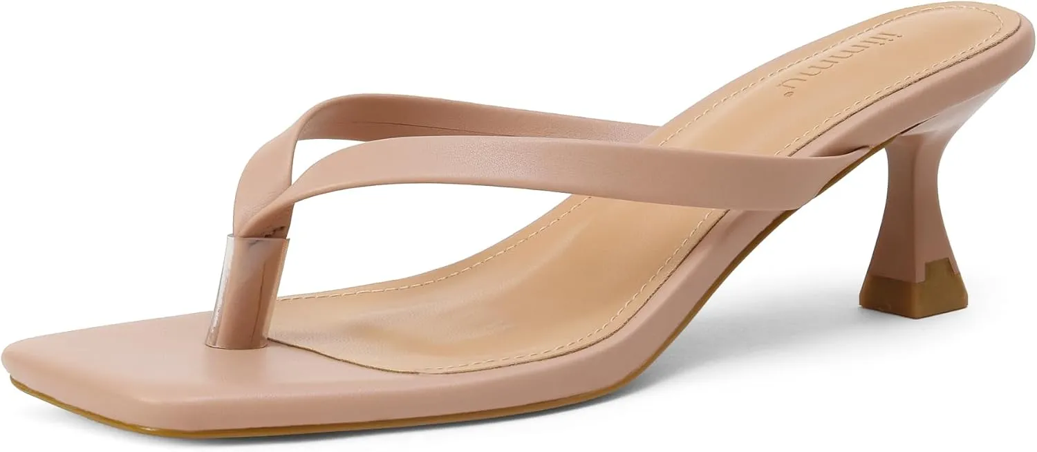 iiimmu Kitten Heels Flip Flops Heeled Thong Sandals for Women Square Open Toe with 2 Inch Low Heel