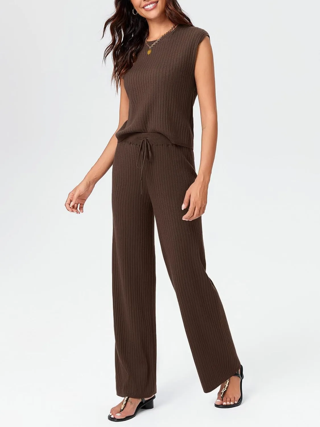 Imily Bela Womens 2 Piece Outfits Sweater Sets Knit Summer Casual Crewneck Sleeveless Tops Wide Leg Pants Tracksuits