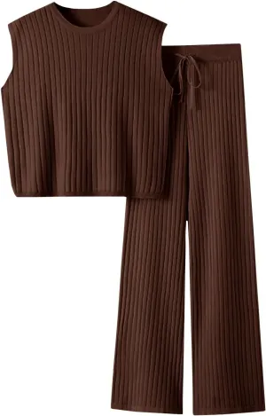Imily Bela Womens 2 Piece Outfits Sweater Sets Knit Summer Casual Crewneck Sleeveless Tops Wide Leg Pants Tracksuits
