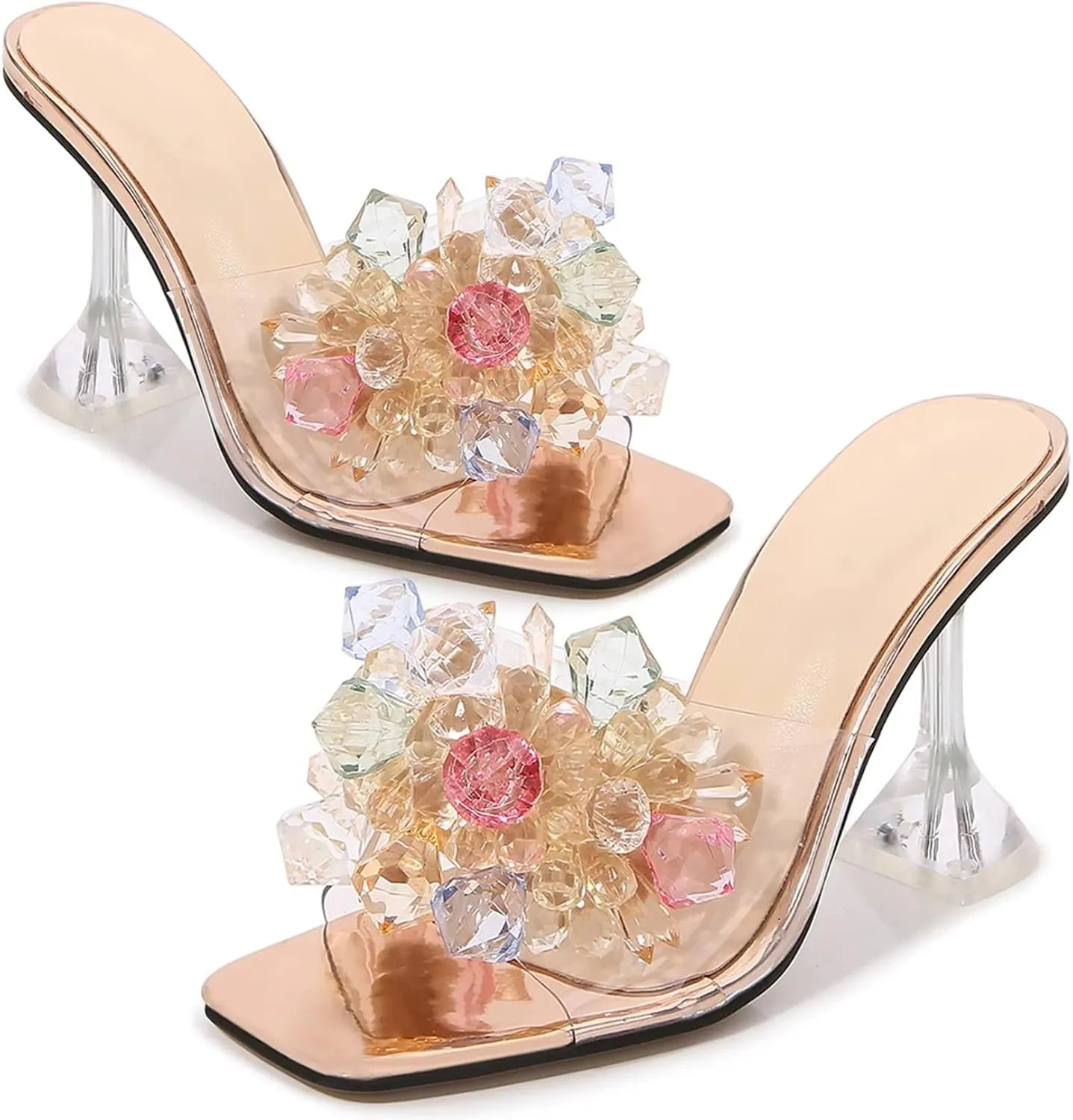 INEELUYI Women's Heeled Slides Shoes Crystal Flower Square Peep Toe Clear Heel Sandals Shoes