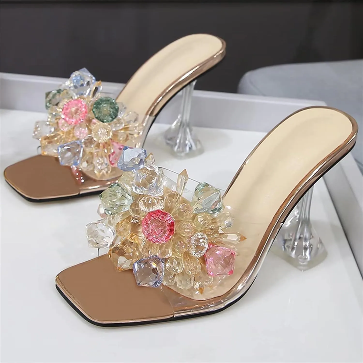 INEELUYI Women's Heeled Slides Shoes Crystal Flower Square Peep Toe Clear Heel Sandals Shoes