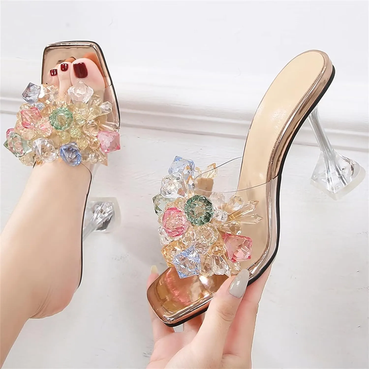 INEELUYI Women's Heeled Slides Shoes Crystal Flower Square Peep Toe Clear Heel Sandals Shoes
