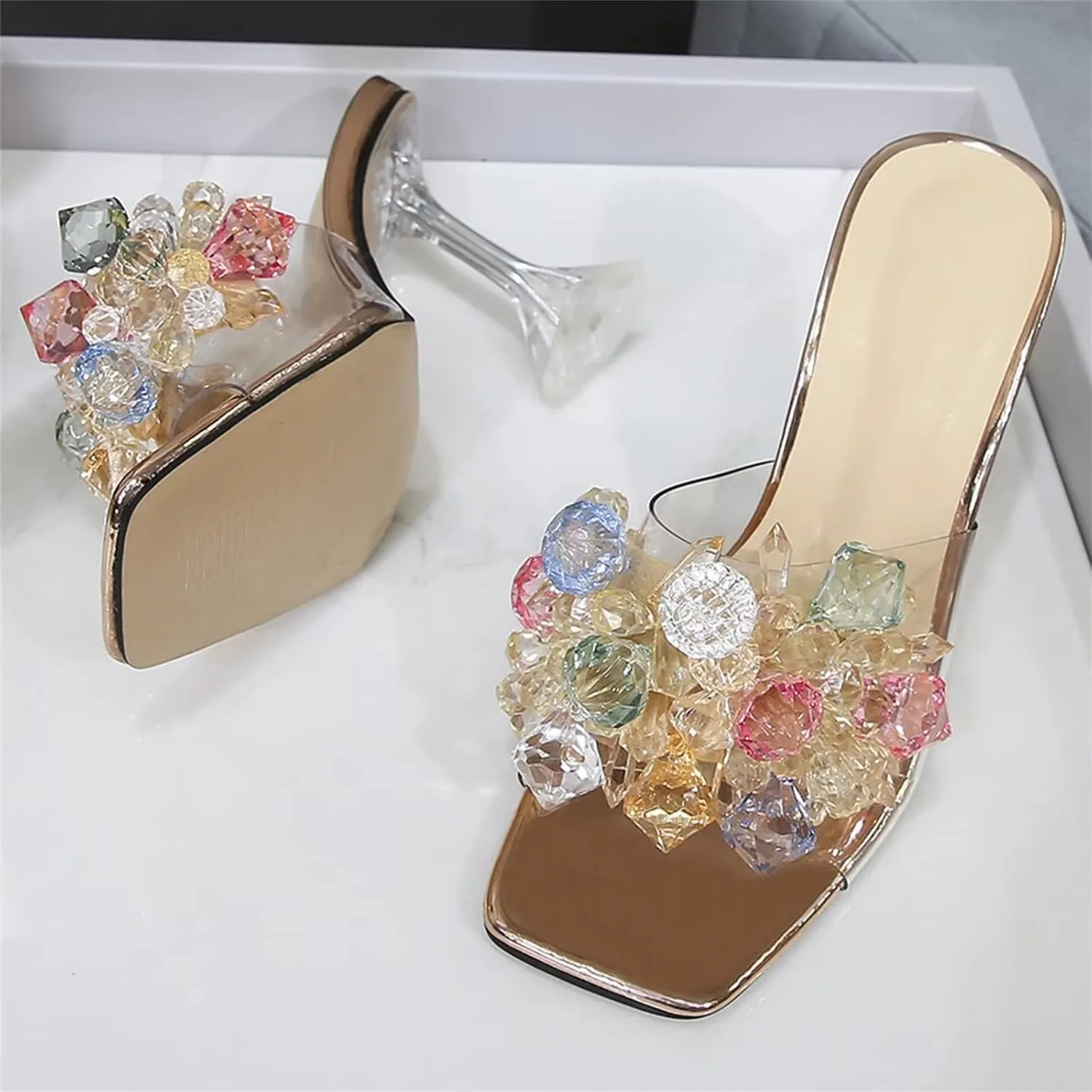 INEELUYI Women's Heeled Slides Shoes Crystal Flower Square Peep Toe Clear Heel Sandals Shoes