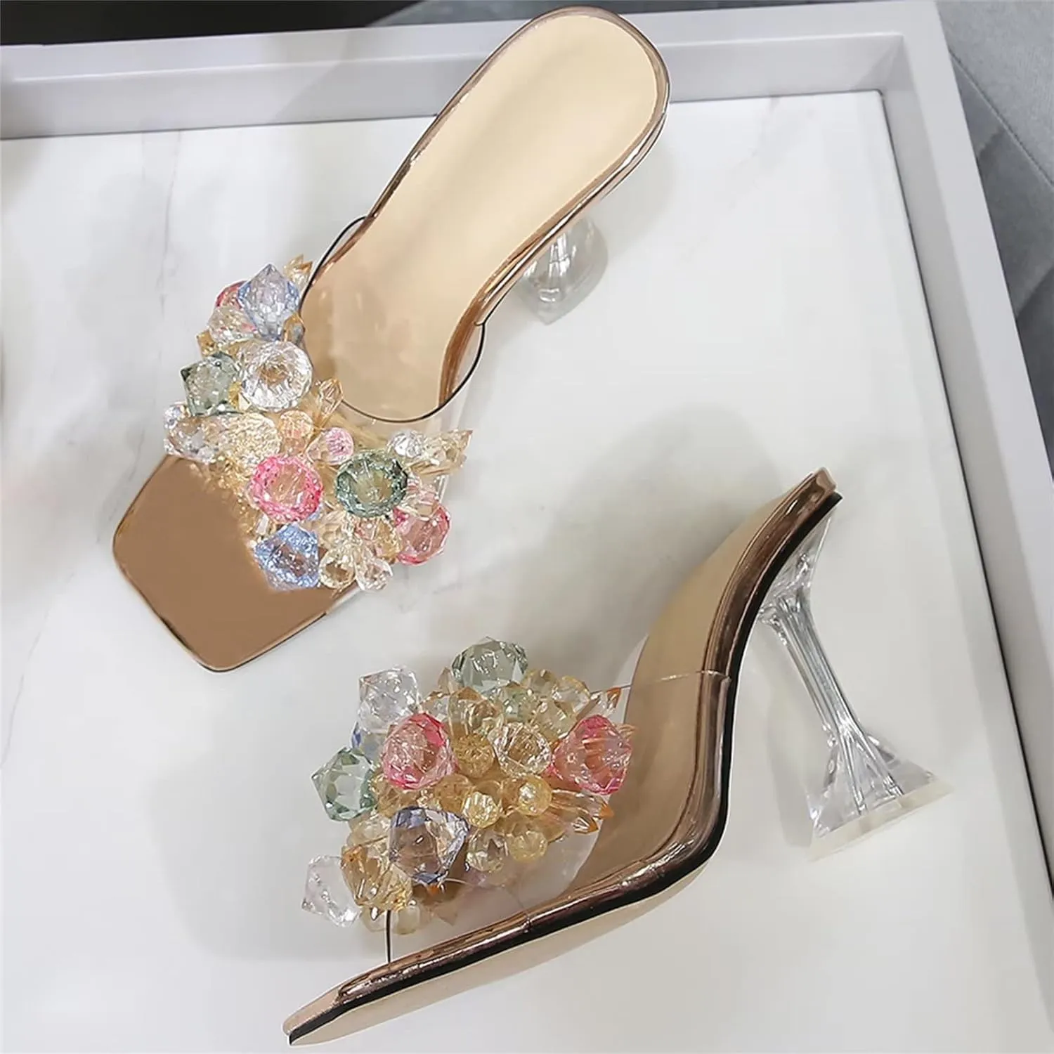 INEELUYI Women's Heeled Slides Shoes Crystal Flower Square Peep Toe Clear Heel Sandals Shoes