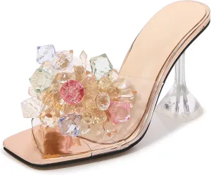 INEELUYI Women's Heeled Slides Shoes Crystal Flower Square Peep Toe Clear Heel Sandals Shoes
