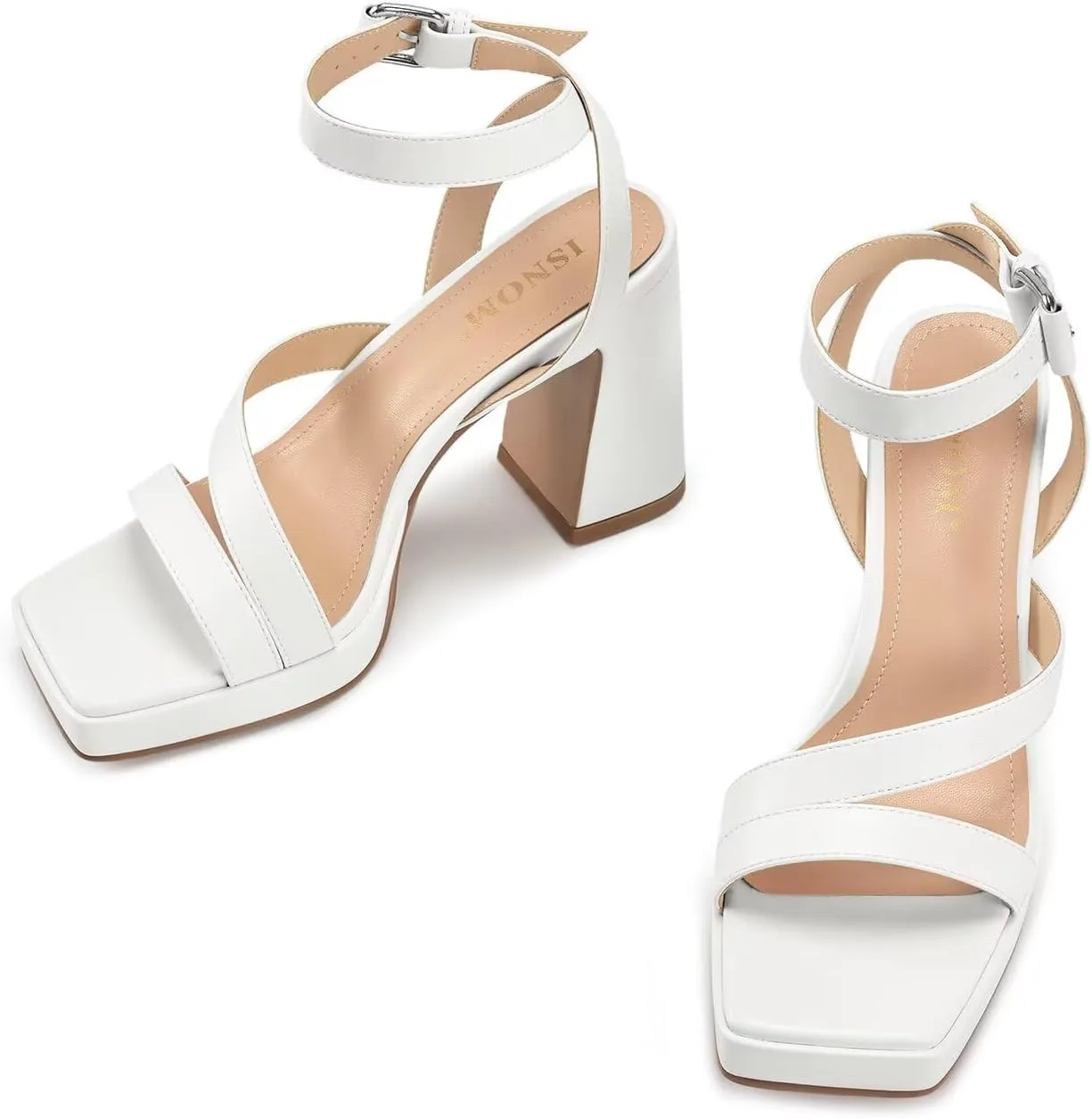 ISNOM Platform Chunky Heels for Women Square Open Toe Strappy Heels Ankle Strap Heeled Sandals Comfort Dress Party Shoes