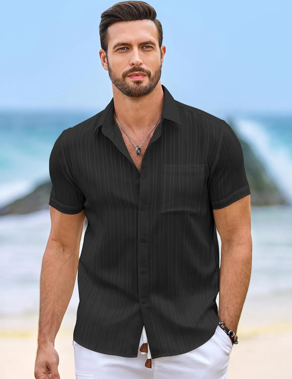 JMIERR Hawaiian Shirt for Men Button Down Short Sleeve Shirts Textured Casual Summer Beach Linen Shirts