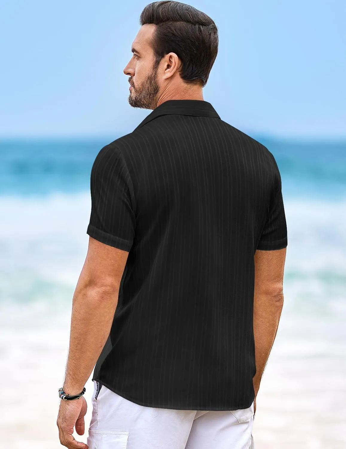 JMIERR Hawaiian Shirt for Men Button Down Short Sleeve Shirts Textured Casual Summer Beach Linen Shirts