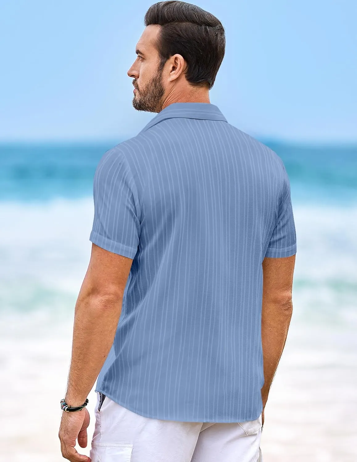 JMIERR Hawaiian Shirt for Men Button Down Short Sleeve Shirts Textured Casual Summer Beach Linen Shirts