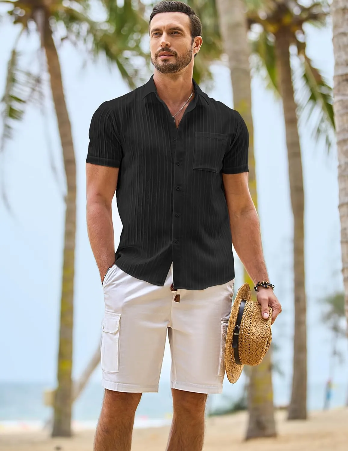 JMIERR Hawaiian Shirt for Men Button Down Short Sleeve Shirts Textured Casual Summer Beach Linen Shirts