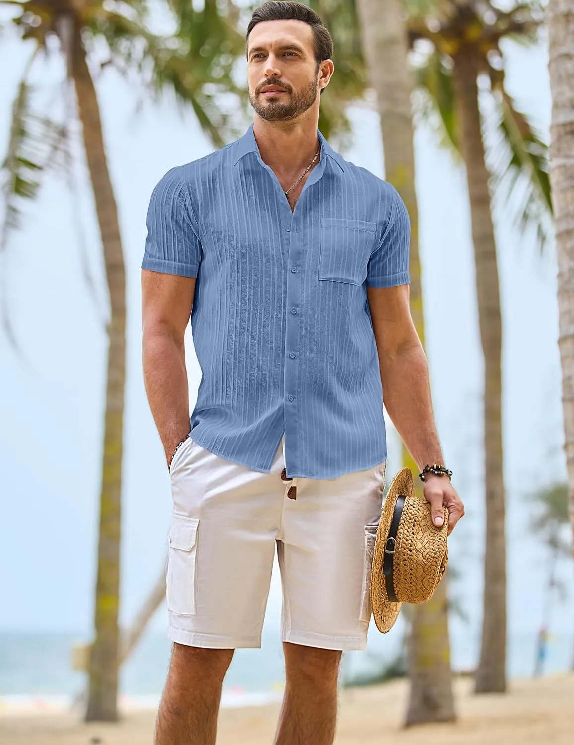 JMIERR Hawaiian Shirt for Men Button Down Short Sleeve Shirts Textured Casual Summer Beach Linen Shirts