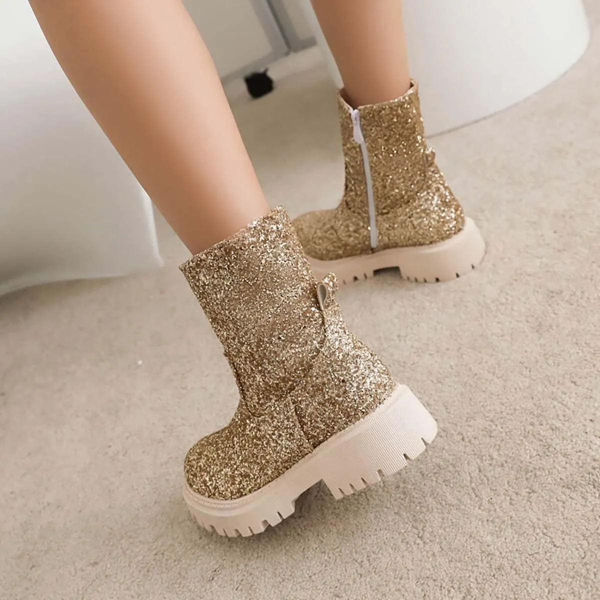 JOEupin Women's Lug Sole Platform Boots Mid Calf Sequin Chunky Block Heel Shiny Glitter Chelsea Ankle Booties
