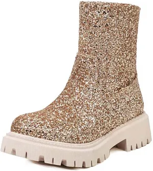 JOEupin Women's Lug Sole Platform Boots Mid Calf Sequin Chunky Block Heel Shiny Glitter Chelsea Ankle Booties