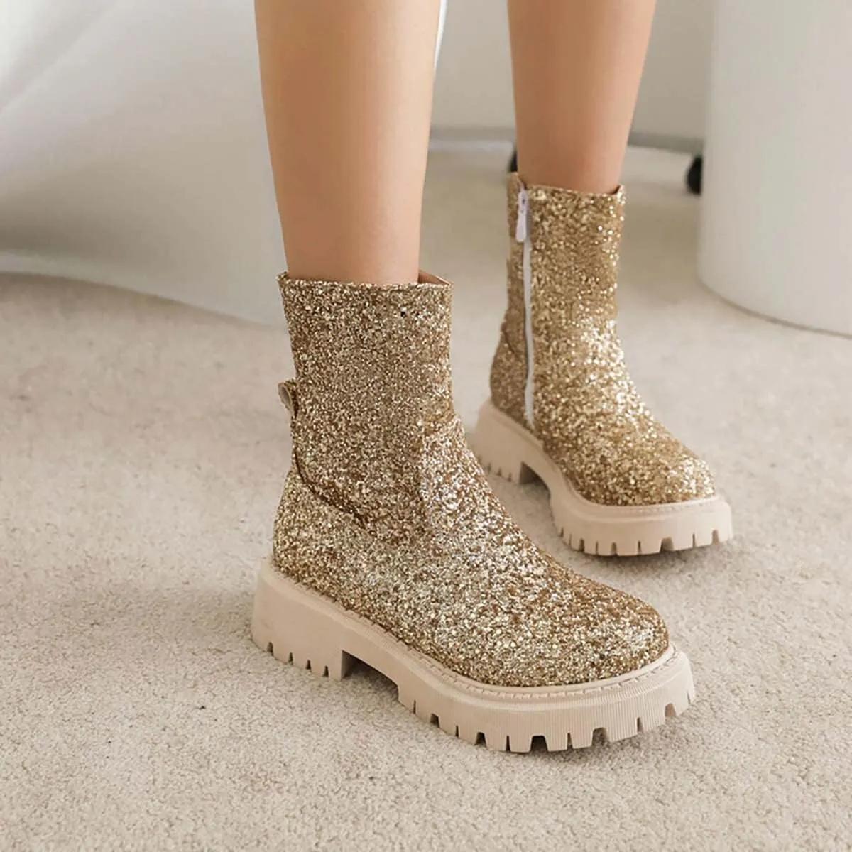 JOEupin Women's Lug Sole Platform Boots Mid Calf Sequin Chunky Block Heel Shiny Glitter Chelsea Ankle Booties