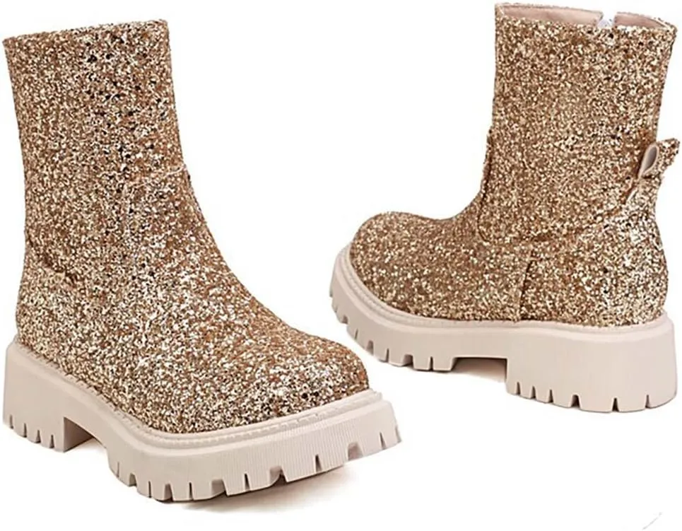 JOEupin Women's Lug Sole Platform Boots Mid Calf Sequin Chunky Block Heel Shiny Glitter Chelsea Ankle Booties