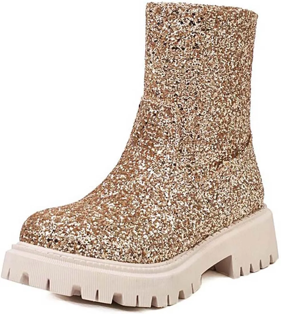 JOEupin Women's Lug Sole Platform Boots Mid Calf Sequin Chunky Block Heel Shiny Glitter Chelsea Ankle Booties