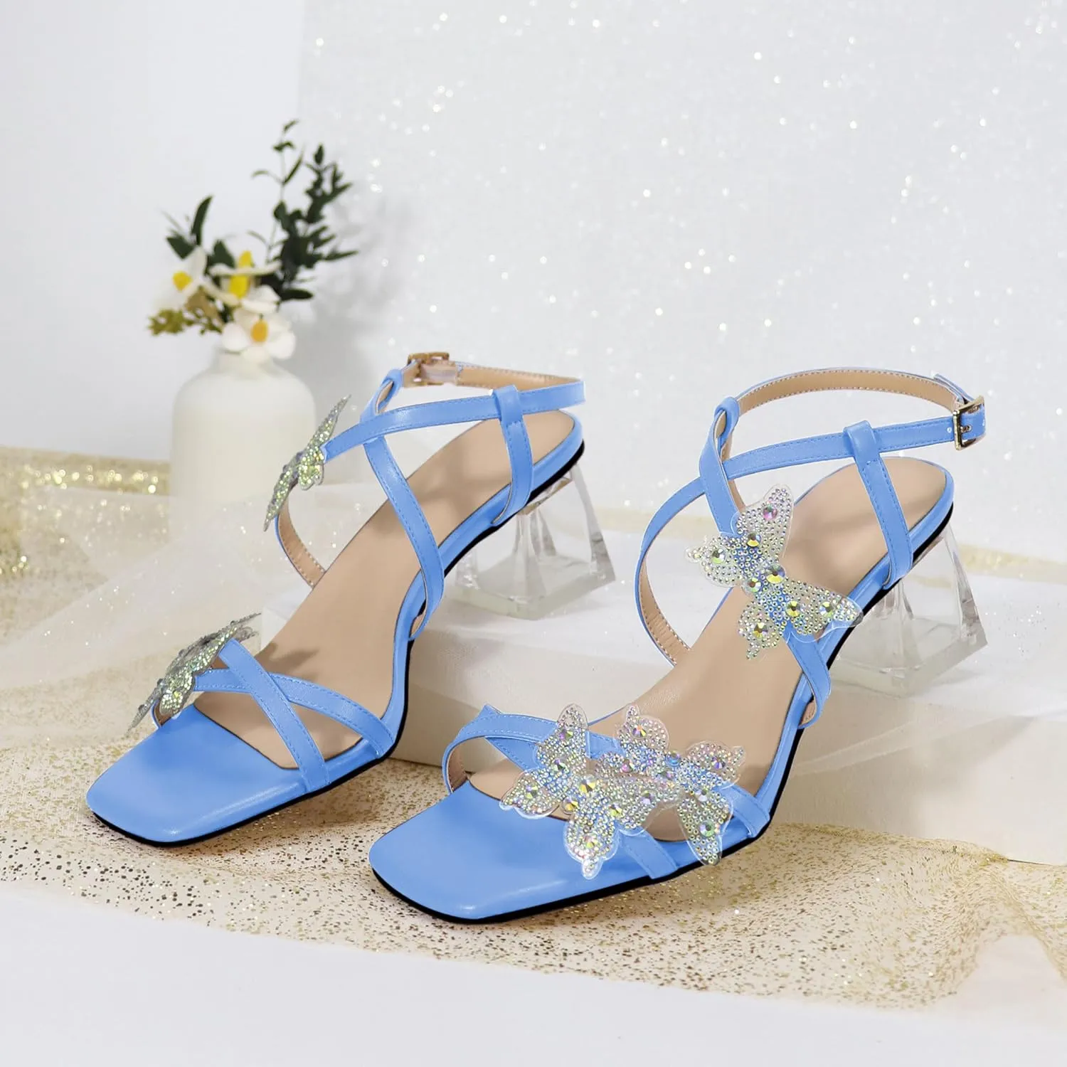 Joseywade Butterfly Heels Heeled Sandals Rhinestone Crystal Butterflies Heels Open Toe Clear low Block Heels 2 Inch Women's Ankle Strap Shoes