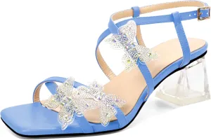 Joseywade Butterfly Heels Heeled Sandals Rhinestone Crystal Butterflies Heels Open Toe Clear low Block Heels 2 Inch Women's Ankle Strap Shoes