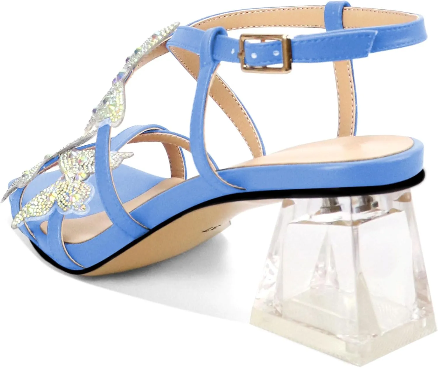 Joseywade Butterfly Heels Heeled Sandals Rhinestone Crystal Butterflies Heels Open Toe Clear low Block Heels 2 Inch Women's Ankle Strap Shoes