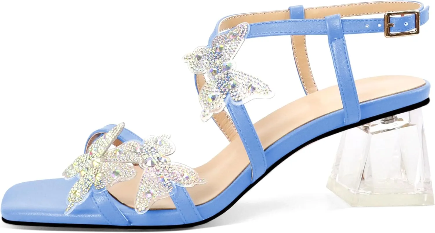 Joseywade Butterfly Heels Heeled Sandals Rhinestone Crystal Butterflies Heels Open Toe Clear low Block Heels 2 Inch Women's Ankle Strap Shoes