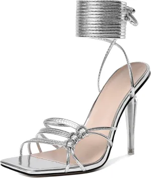Joseywade Women's Strappy High Heel Sandals Open Square Toe Lace Up Heels 4 Inch Stiletto Heels Wrap Up Clear Heel Shoes