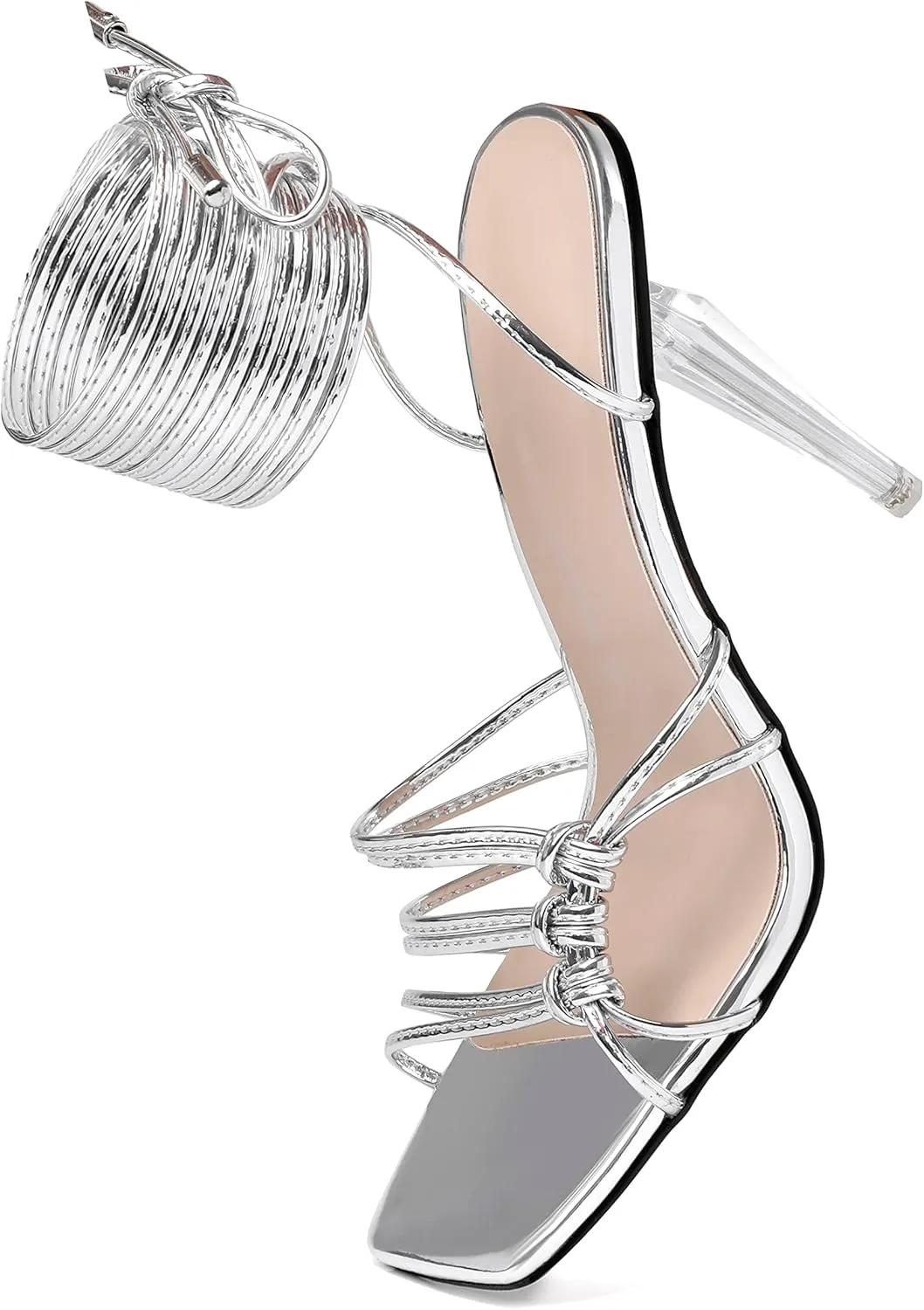 Joseywade Women's Strappy High Heel Sandals Open Square Toe Lace Up Heels 4 Inch Stiletto Heels Wrap Up Clear Heel Shoes