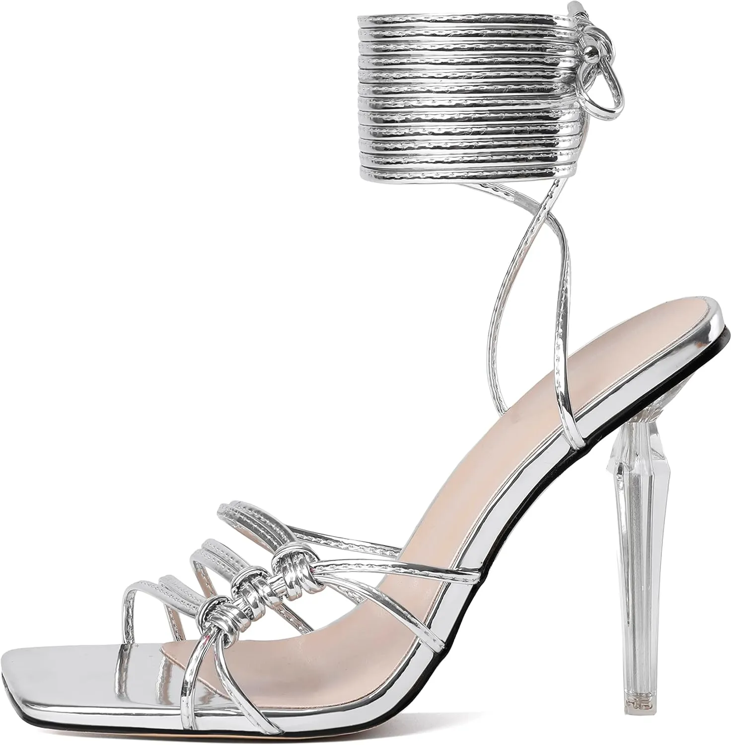 Joseywade Women's Strappy High Heel Sandals Open Square Toe Lace Up Heels 4 Inch Stiletto Heels Wrap Up Clear Heel Shoes